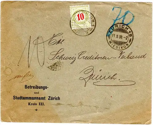 Schweiz 1908, unfrankierter Amtsbrief v. Zürich m. 10 C. Nachportomarke
