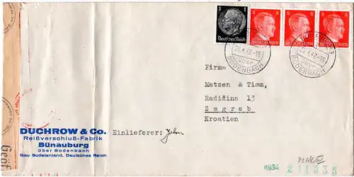 DR 1942, 1+3x8 Pf. auf Zensur Brief v. Bünaburg über Bodenbach n. Kroatien