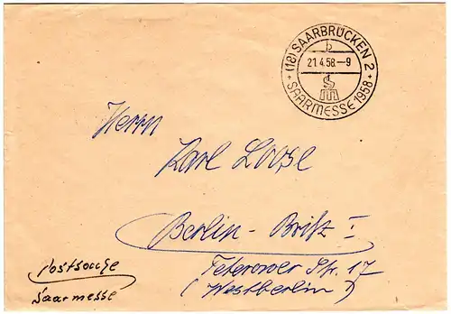 Saarland 1958, portofreier Postsache Brief m. Saarbrücken Saarmesse Sonderstpl.