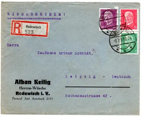DR 1931, 5+15+40 Pf. auf portorichtigem Firmen Einschreiben Brief v. Rodewisch