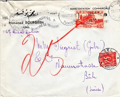 Tunesien 1947, 6 F. auf Brief v. Tunis n. Basel m. Schweiz 25 C. Portomarke