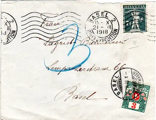 Schweiz 1918, 7 1/2 C. Tellknabe auf Ortsbrief v. Basel m. 3 C. Portomarke