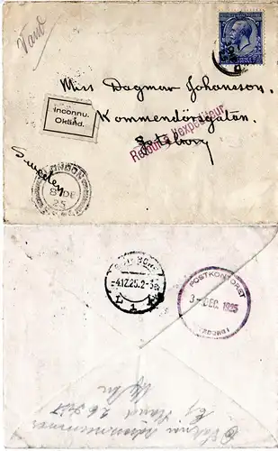 GB 1925, London-Schweden Retour Brief m. Inconnu Etikett u. Retour Stempel