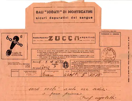 Italien 1935, Telegramm v. Bellaria m. viel Werbung, u.a. Salz, Jagd, Cinzano...