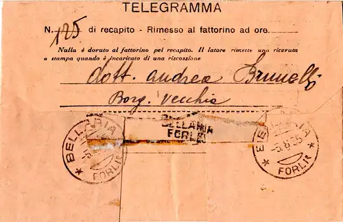 Italien 1935, Telegramm v. Bellaria m. viel Werbung, u.a. Salz, Jagd, Cinzano...