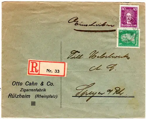 DR 1926, 5+40 Pf. auf Firmen R-Brief v. Rülzheim n. Speyer m. Stpl. Ingenheim