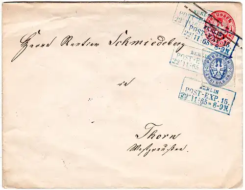Preussen 1865, 2 auf 1 SGr. Ganzsachenumschlag m. blauem R3 BERLIN POST-EXP.15.