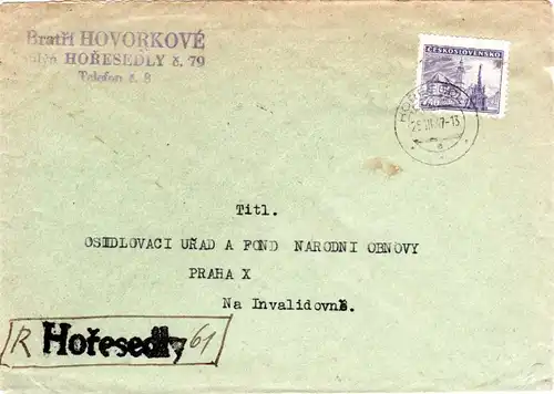 Tschechoslowakei 1947, 7,40 K. auf Einschreiben Brief m. Horesedly Not-R-Stempel