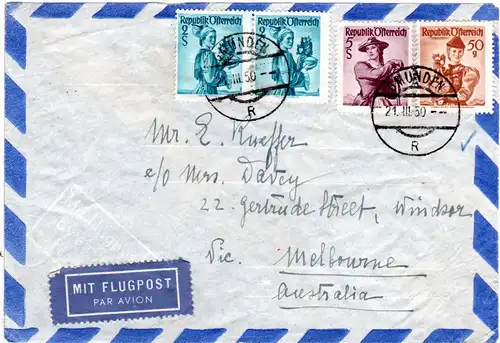 Österreich 1950, 50 G.+2x2+5 S. Trachten auf Brief v. Gmunden n. Australien.