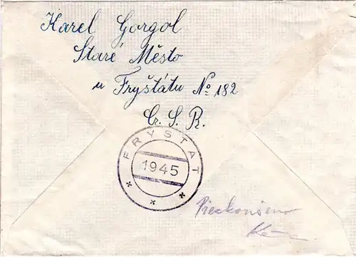 Tschechoslowakei 1945, Einschreiben Luftpost Brief m. überstempelem Dt. R-Zettel