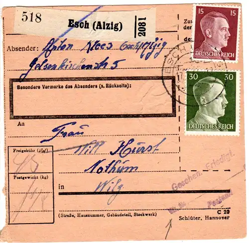 Luxemburg DR 1943, 15+30 Pf. auf Paketkarte v. Esch m. Wilz Zustellgebühr-L2