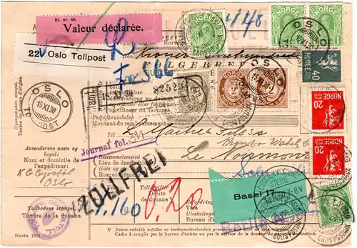 Norwegen 1930, Wert Paketkarte m. 10 Marken v. Oslo i.d. Schweiz