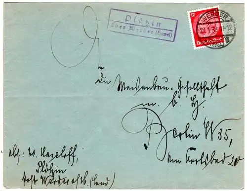 DR 1938, Landpost Stpl. PLÖTZIN über Werder (Havel) auf Brief m. 12 Pfg.