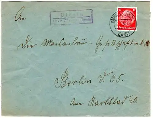 DR 1938, Landpost Stpl. PLÖTZIN über Werder (Havel) auf Brief m. 12 Pf. 