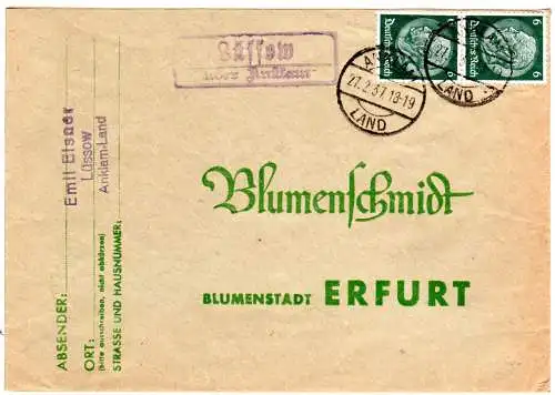 DR 1937, Landpost Stpl. LÜSSOW über Anklam auf Brief m. 2x6 Pfg.