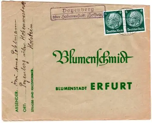 DR 1936, Landpost Stpl. POYENBERG über Hohenwestedt auf Brief m. 2x6 Pf. 