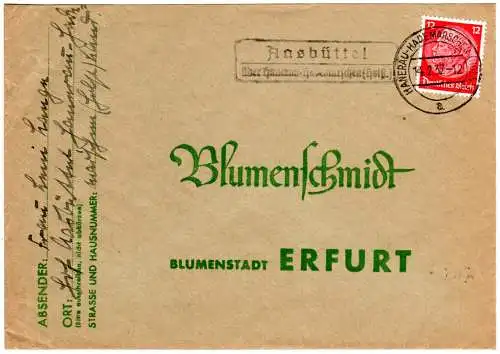 DR 1937, Landpost Stpl. AASBÜTTEL über Hanerau-Hademarschen auf Brief m. 12 Pfg.