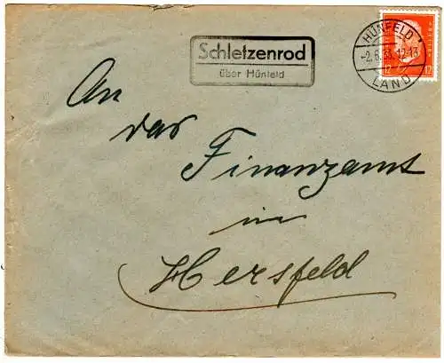 DR 1933, Landpost Stpl. SCHLETZENROD über Hünfeld auf Brief m. 12 Pf. 