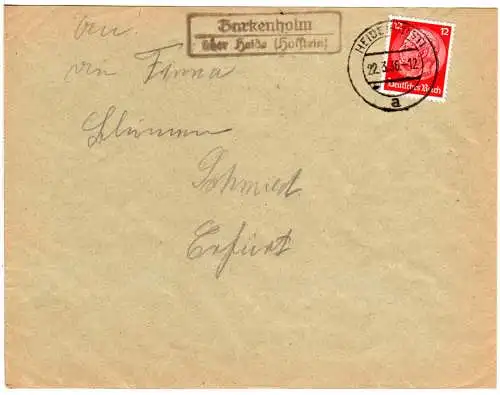 DR 1936, Landpost Stpl. BARKENHOLM über Heide (Holstein) auf Brief m. 12 Pfg.