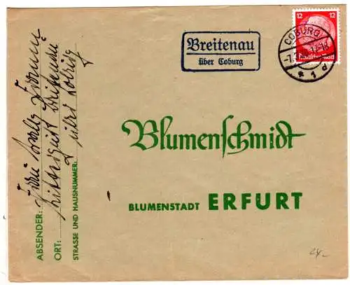 DR 1936, Landpost Stpl. BREITENAU über Coburg auf Brief m. 12 Pf. 