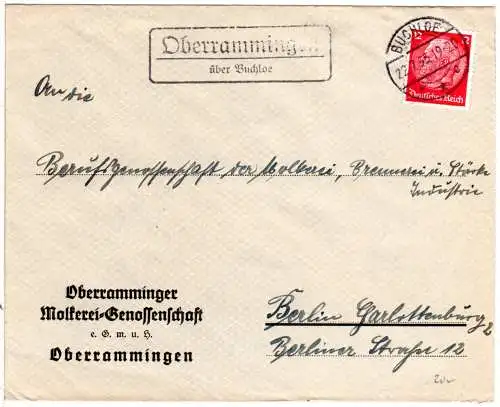 DR 1936, Landpost Stpl. OBERRAMMINGEN über Buchloe auf Molkerei Brief m. 12 Pf. 