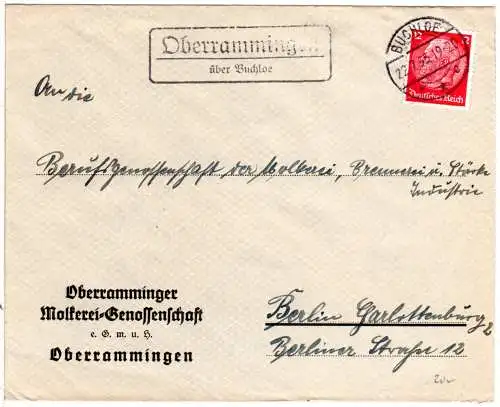 DR 1936, Landpost Stpl. OBERRAMMINGEN über Buchloe auf Molkerei Brief m. 12 Pf.