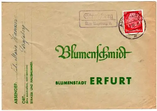DR 1937, Landpost Stpl. STRASSBERG über Augsburg 2 auf Brief m. 12 Pfg.