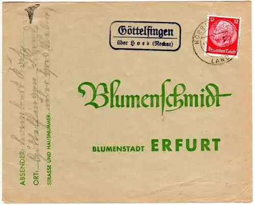 DR 1934, Landpost Stpl. GÖTTELFINGEN über Horb (Neckar) auf Brief m. 12 Pf.