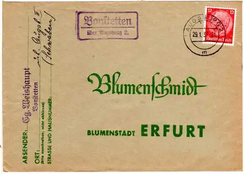 DR 1937, Landpost Stpl. BONSTETTEN über Augsburg 2 auf Brief m. 12 Pfg.