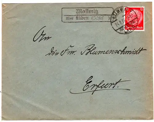 DR 1936, Landpost Stpl. MALLMITZ über Lüben (Schlesien) auf Brief m. 12 Pfg.