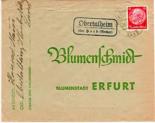 DR 1934, Landpost Stpl. OBERTALHEIM über Horb (Neckar) auf Brief m. 12 Pf. 