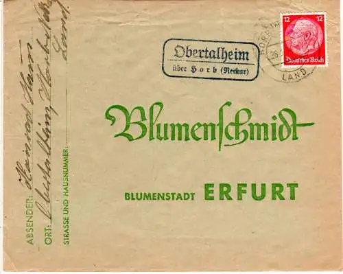 DR 1934, Landpost Stpl. OBERTALHEIM über Horb (Neckar) auf Brief m. 12 Pf.