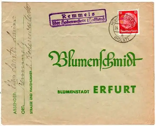 DR 1936, Landpost Stpl. REMMELS über Hohenwestedt (Holstein) auf Brief m. 12 Pf 