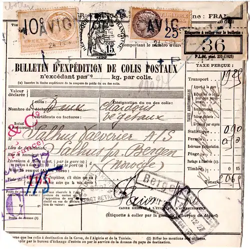 Frankreich 1927, 2 Fiskalmarken auf Paketkarte v. Avignon n. Bergen, Norwegen 