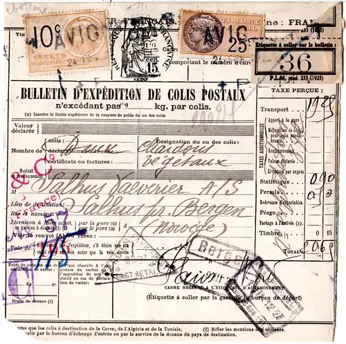 Frankreich 1927, 2 Fiskalmarken auf Paketkarte v. Avignon n. Bergen, Norwegen