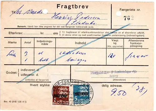 Dänemark 1973, 5+1Kr. Postfaerge auf Frachtbrief m. Schiffspost Fanö-Esbjerg