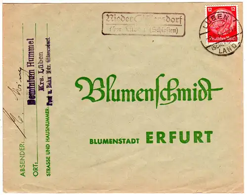 DR 1934, Landpost Stpl. NIEDER GLÄSERSDORF über Lüben auf Brief m. 12 Pfg.