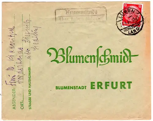 DR 1934, Landpost Stpl. KRUMMLINDE über Lüben (Schlesien) auf Brief m. 12 Pfg.