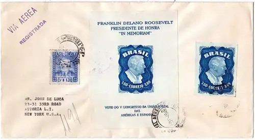 Brasilien 1949, Reko Brief m. Roosevelt Block u. Marke (o. Wz) u. weiterer Marke