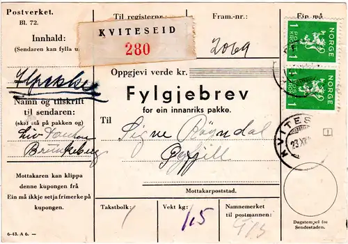 Norwegen 1943, Paar 1 Kr. auf Ilpakke Paketkarte v. Kviteseid.