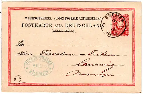 DR 1879, 10 Pf. Ganzsache m. Firmenstpl. v. BREMEN 5 n. Norwegen