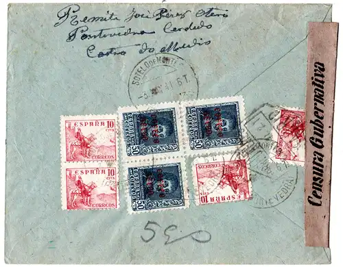 Spanien 1941, 4 Pts. u. rücks. 7 Marken auf Luftpost Zensur Brief n. Brasilien