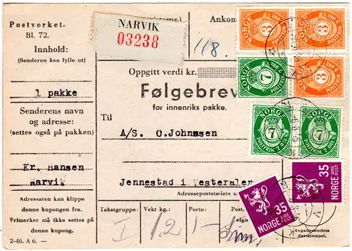 Norwegen 1946, 8 Marken auf Paketkarte v. Narvik