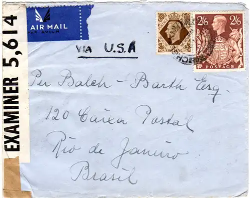 GB 1941, 2´6+1 Sh. auf Luftpost Zensur Brief v. Winchcombe n. Brasilien