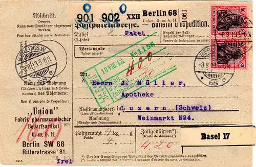 DR 1912, MeF 2x80 Pf. Germania m. WZ auf Paketkarte v Berlin i.d. Schweiz