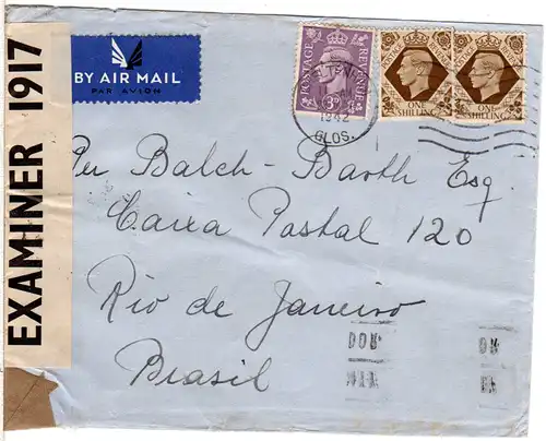 GB 1941, 3d+2x1 Sh. auf Luftpost Zensur Brief v. Cheltenham n. Brasilien