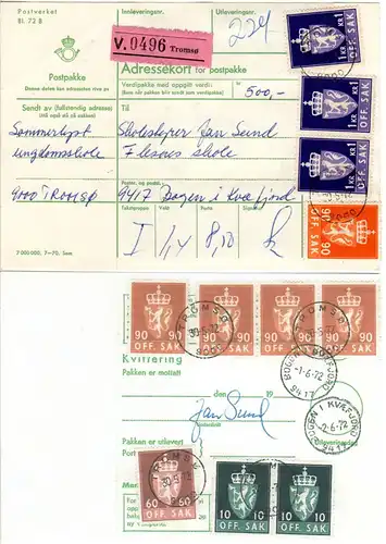 Norwegen 1972, 10 Dienstmarken vorder- u. rückseitig auf Paketkarte v. Tromsö