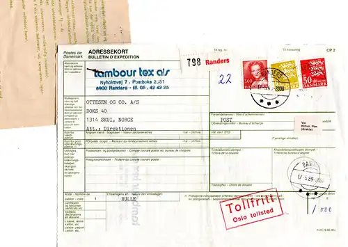 Dänemark 1989, 3 Marken auf Paketkarte m. Zolldeklaration v Randers n. Norwegen 