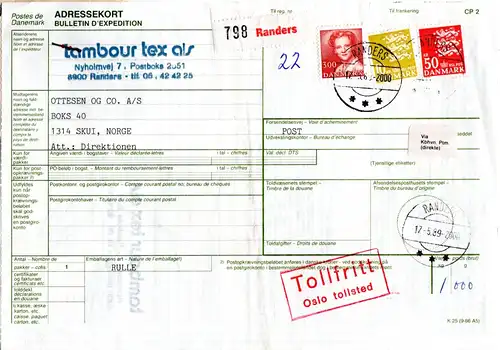 Dänemark 1989, 3 Marken auf Paketkarte m. Zolldeklaration v Randers n. Norwegen 