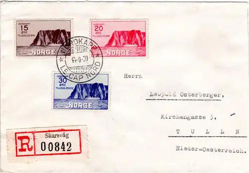 Norwegen 1930, Nordcap I kpl. auf Einschreiben Brief m. R-Zettel v. Skarsvag